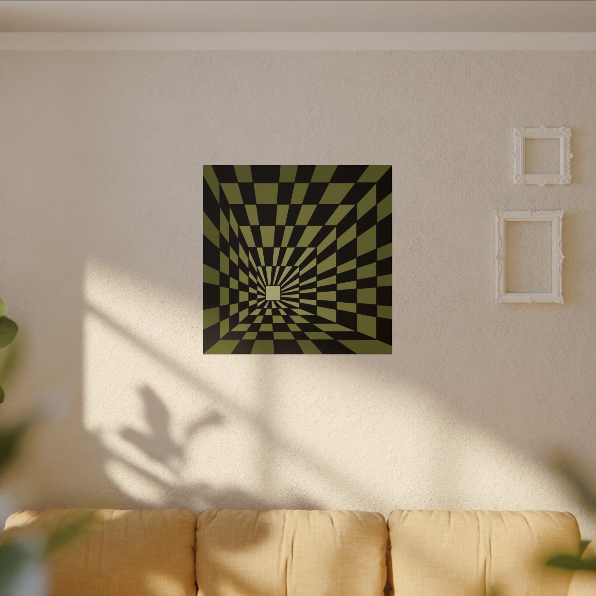 Optical Tunnel Matte Canvas Wall Art — Green & Black Checker Illusion