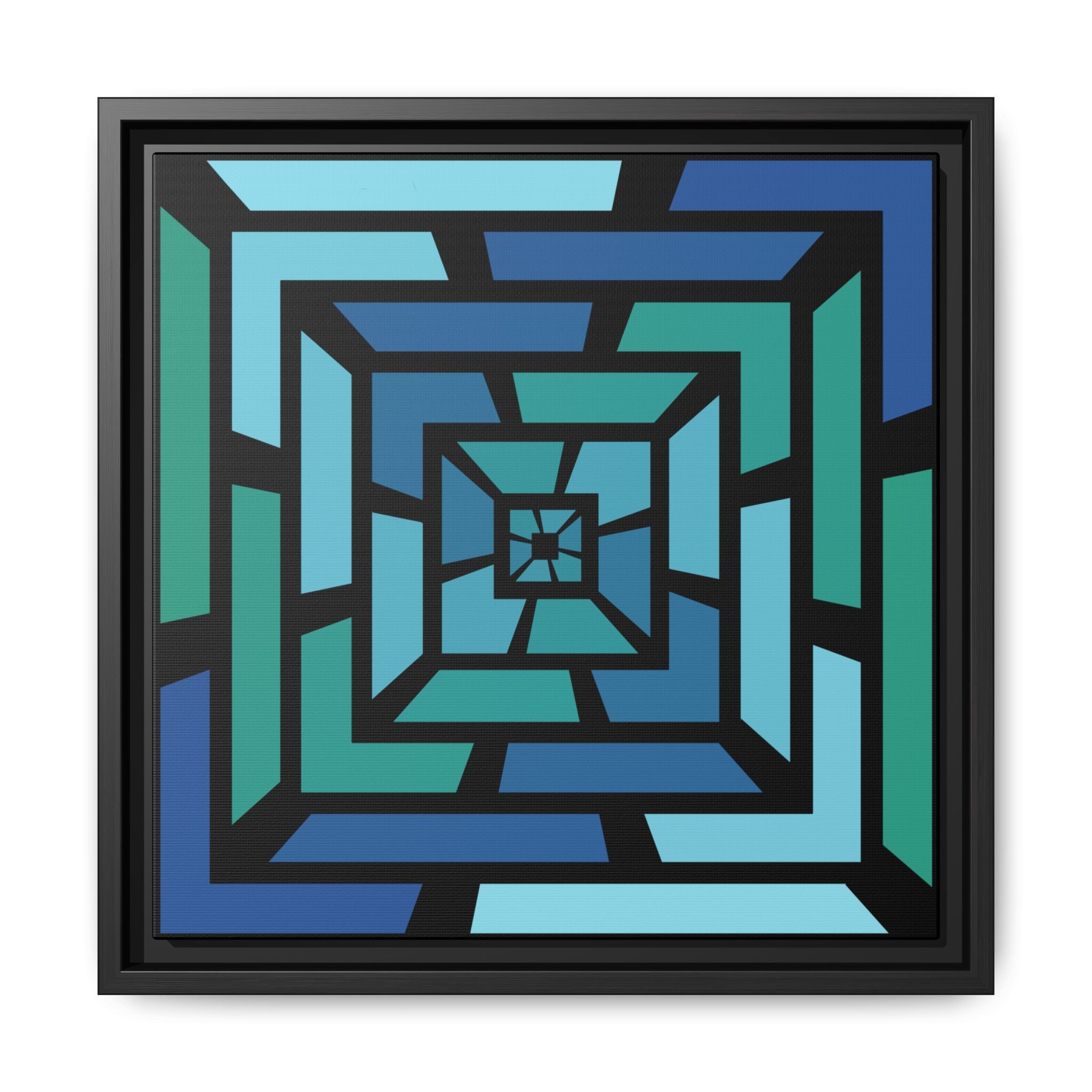 Framed Geometric Maze Canvas — Blue & Teal Modern Wall Art 14" x 14" Black 1.25"