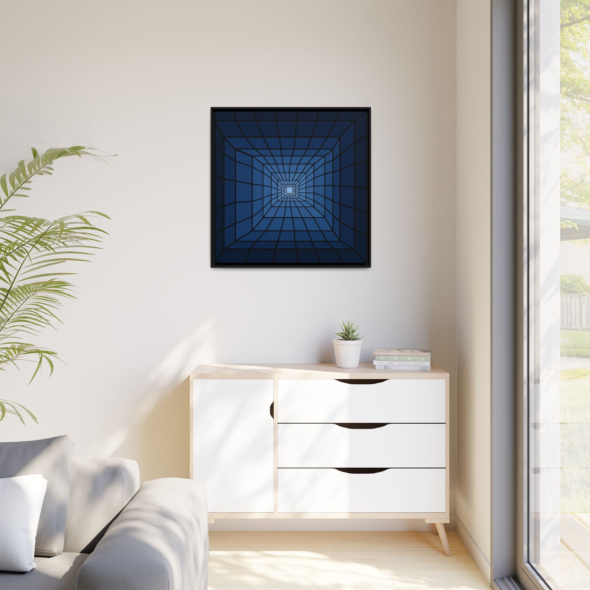 Framed Matte Canvas — Blue Geometric Tunnel Wall Art
