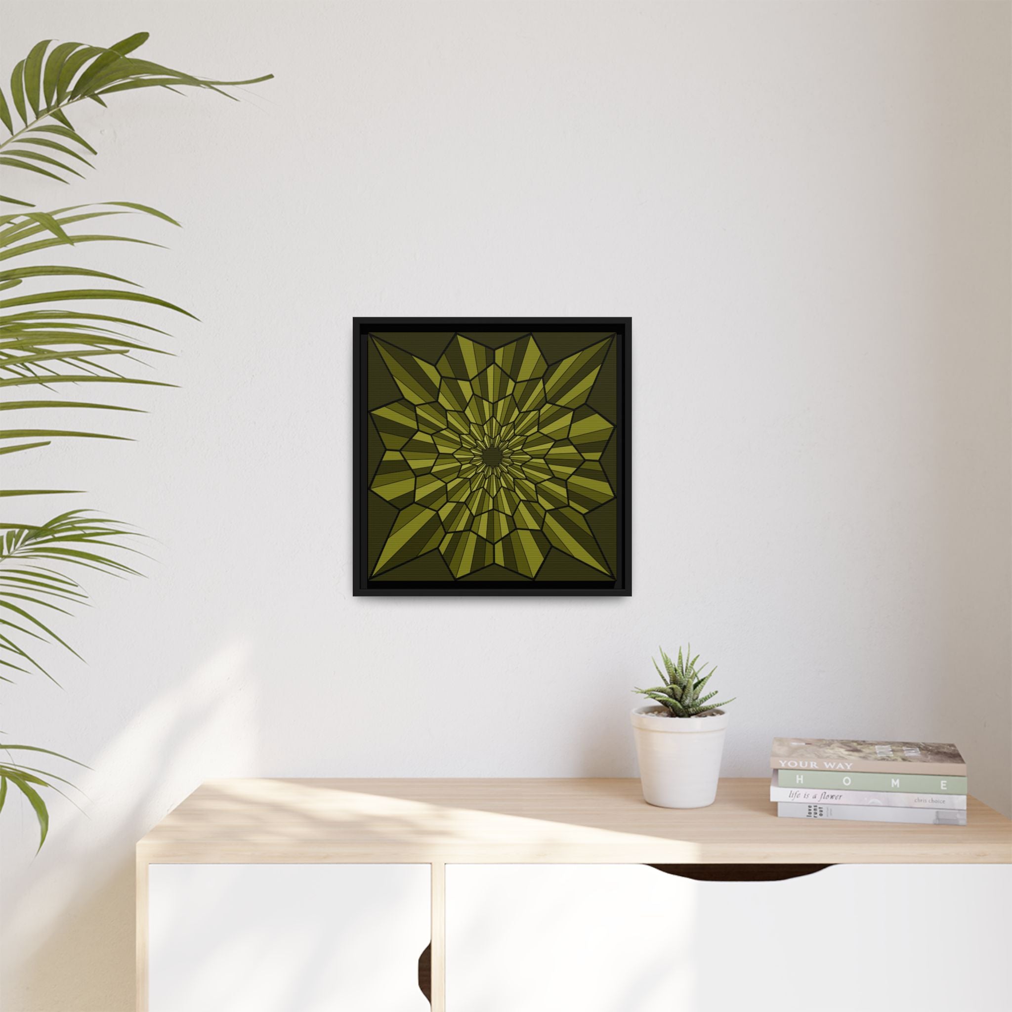 Framed Matte Canvas — Olive Geometric Starburst Wall Art