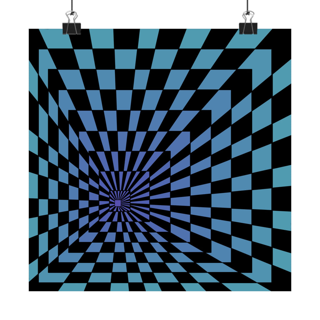 Blue Optical Illusion Poster — Retro Checkerboard Depth Art 10″ x 10″ Matte