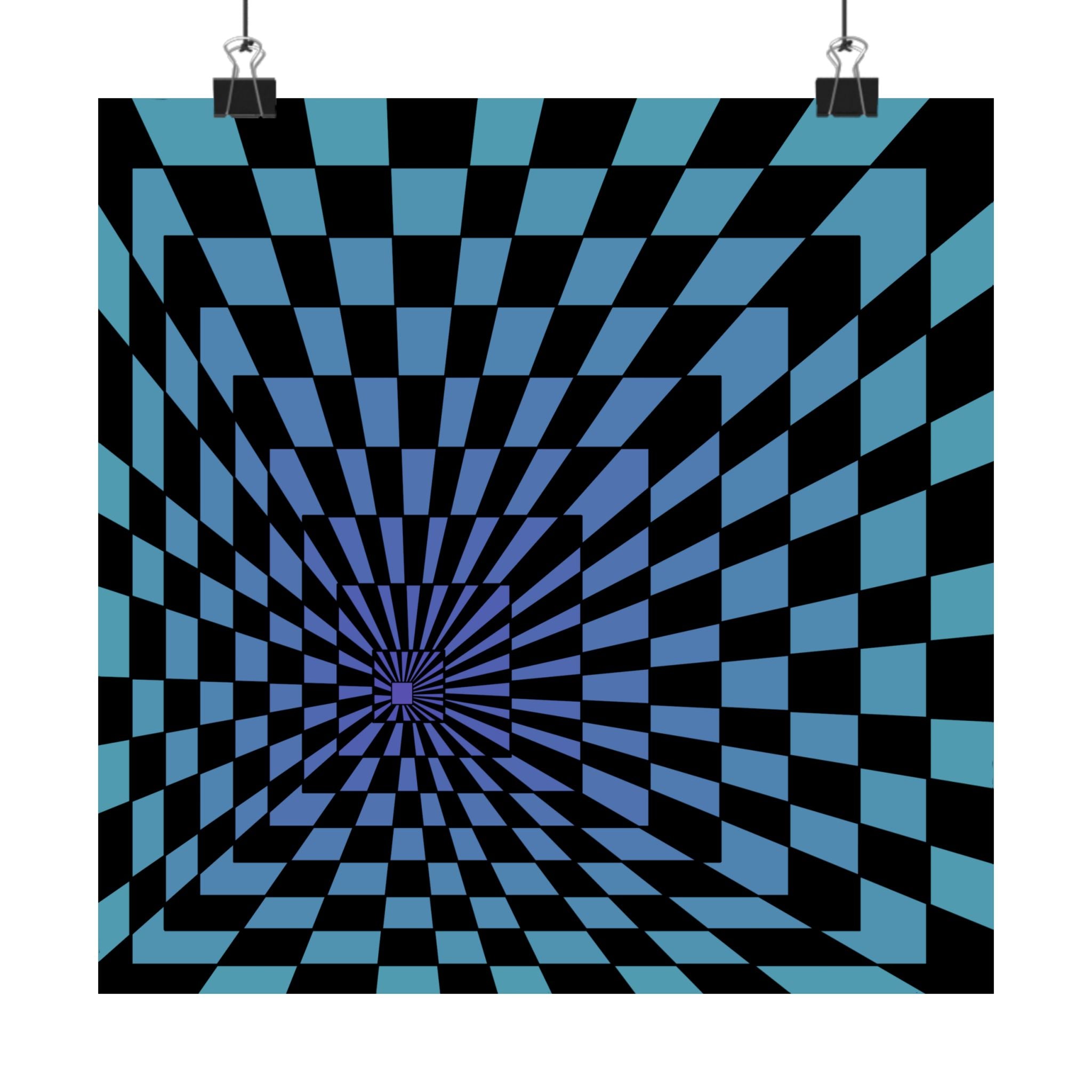 Blue Optical Illusion Poster — Retro Checkerboard Depth Art 10″ x 10″ Matte