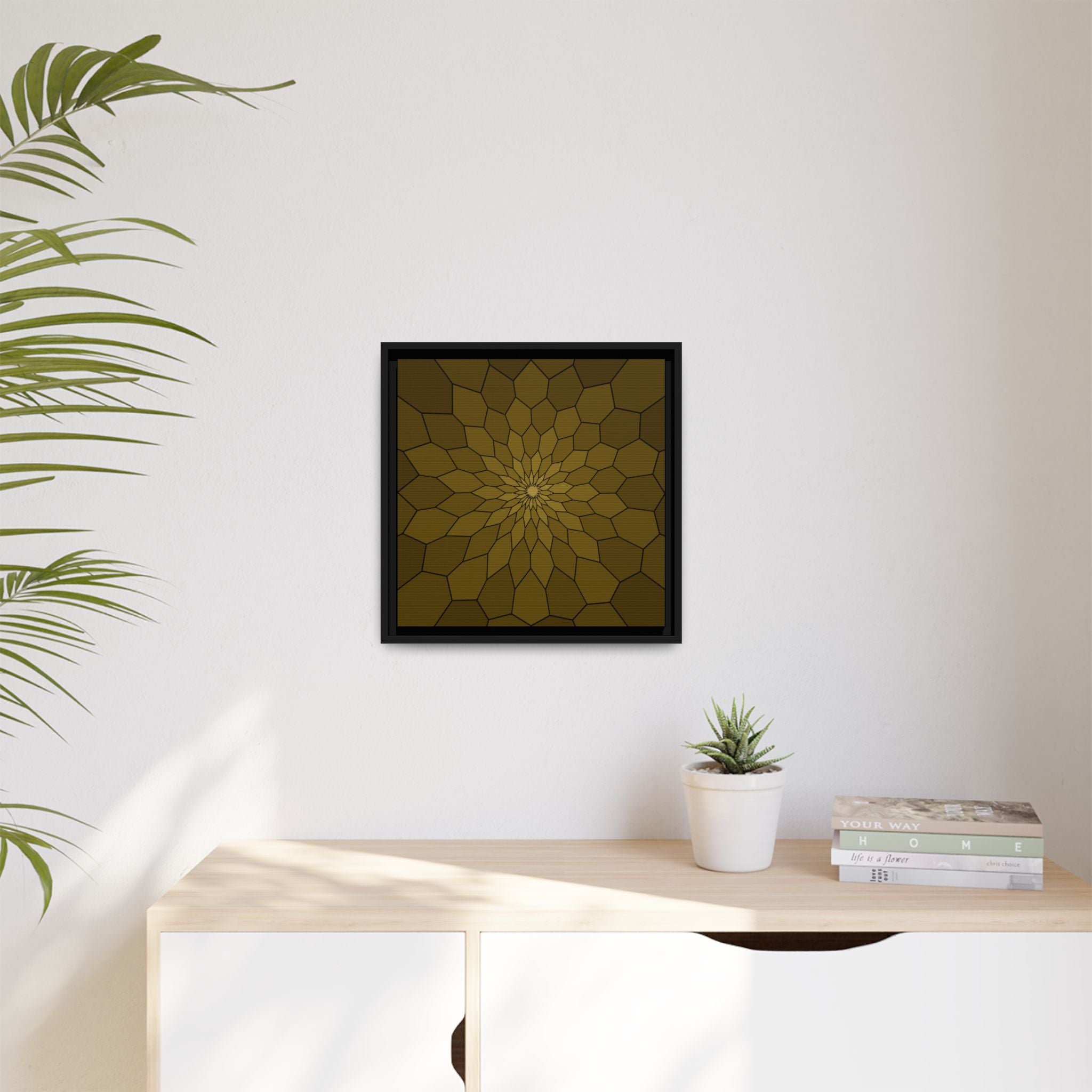 Framed Geometric Sunburst Canvas Art — Olive Brown Modern Wall Decor