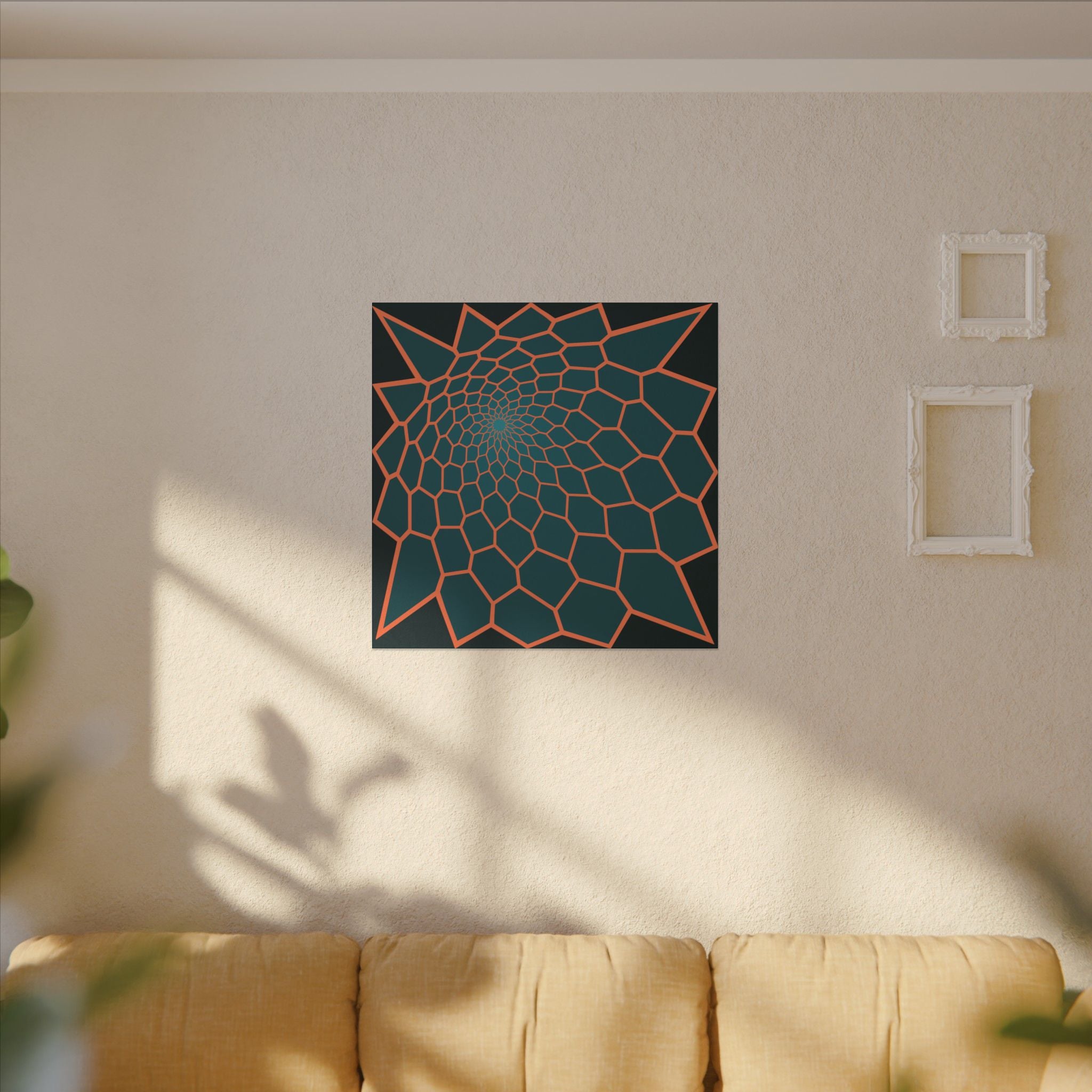 Geometric Spiral Canvas Art — Teal & Coral Abstract Wall Decor (Matte Stretched)